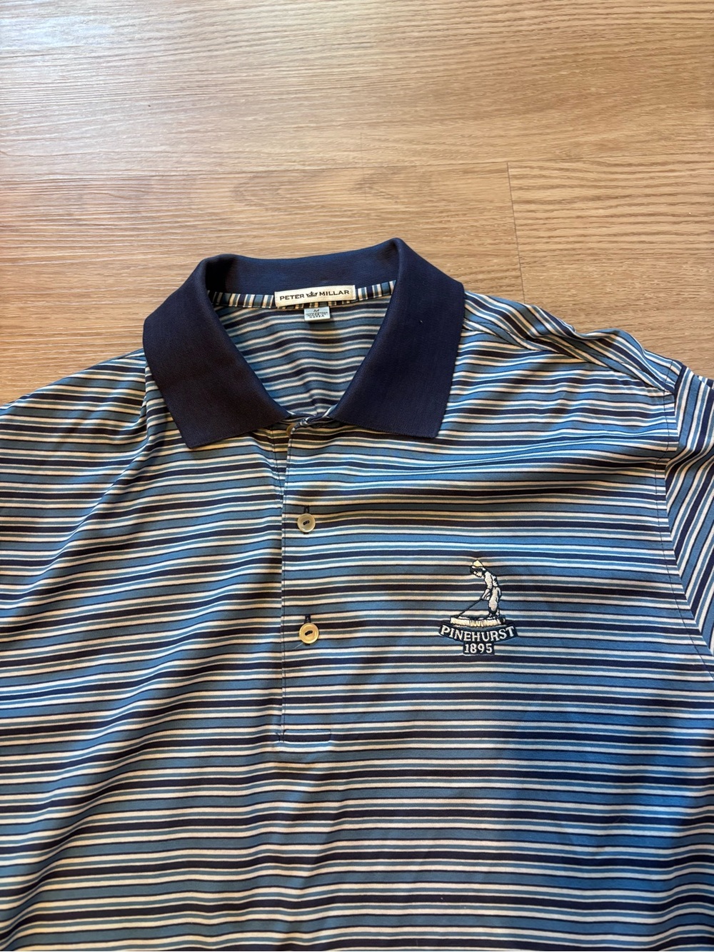 Peter Millar Pinehurst Men's Medium Blue Golf Striped Polo Shirt Stretch Casual